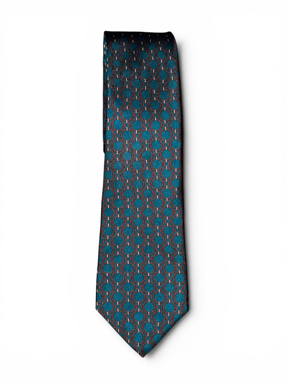 Nino Cerruti 100% Silk Geometric Circle Pattern Tie Teal Copper Made in USA